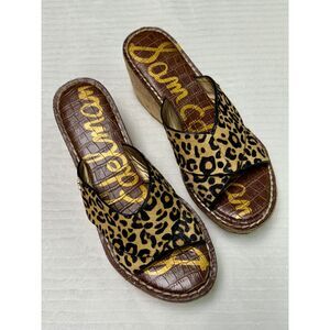 SAM EDELMAN Remini Leopard Calf Hair Cork Wedges, Sz 7.5M
